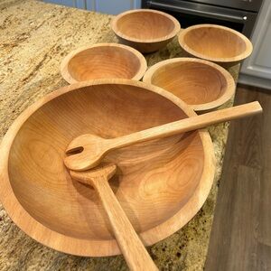Natural Wood Serving Bowl Set with Utensils